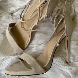 JUST FAB nude tie up heels